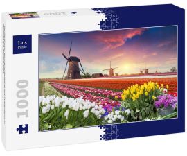 Lais Puzzle - Farbenfroher Sonnenuntergang auf Tulpenfarm in Holland mit Windmühlen - 1.000 Teile