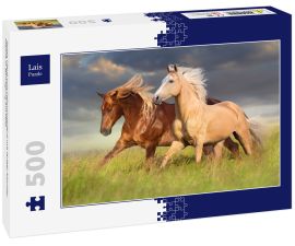 Lais Puzzle - Rotes Pferd und Palominopferd mit langer blonder Mähne in Bewegung auf Feld - 500 Teile