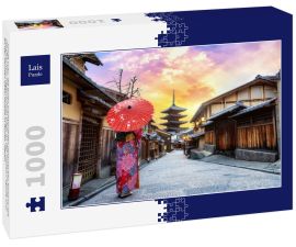 Lais Puzzle - Junge Frau, die einen traditionellen japanischen Kimono mit japanischem Regenschirm trägt, an der Yasaka-Pagode und an der Sannen Zaka-Straße in Kyoto, Japan - 1.000 Teile