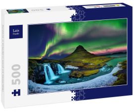 Lais Puzzle - Nordlicht, in Kirkjufell in Island mit Wasserfällen - 500 Teile