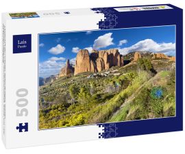 Lais Puzzle - Landschaft der Pyrenäen. Mallos de Riglos, Spanien, Aragonien. Reise- und Abenteuerlandschaft. Wälder und Täler mit Sonnenuntergang. - 500 Teile