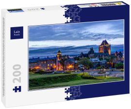 Lais Puzzle - Stadtbild oder Skyline von Chateau Frontenac, Park und Altstadtstraßen während des Sonnenuntergangs mit beleuchteten Schloss- und Saint Denis-Straßengebäuden - 200 Teile