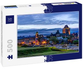 Lais Puzzle - Stadtbild oder Skyline von Chateau Frontenac, Park und Altstadtstraßen während des Sonnenuntergangs mit beleuchteten Schloss- und Saint Denis-Straßengebäuden - 500 Teile