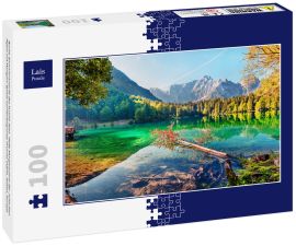 Lais Puzzle - Bunte Sommeransicht des Fusine Sees. Helle Morgenszene der Julischen Alpen mit Mangart-Spitze auf Hintergrund, Provinz Udine, Italien, Europa - 100 Teile