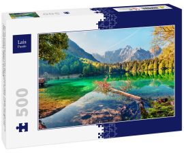 Lais Puzzle - Bunte Sommeransicht des Fusine Sees. Helle Morgenszene der Julischen Alpen mit Mangart-Spitze auf Hintergrund, Provinz Udine, Italien, Europa - 500 Teile