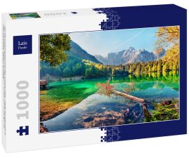 Lais Puzzle - Bunte Sommeransicht des Fusine Sees. Helle Morgenszene der Julischen Alpen mit Mangart-Spitze auf Hintergrund, Provinz Udine, Italien, Europa - 1.000 Teile