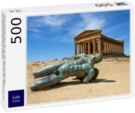 Lais Puzzle - Bronzestatue des Ikarus vor den Ruinen des Concordia-Tempels im Tal der Tempel bei Agrigento auf der italienischen Insel Sizilien - 500 Teile