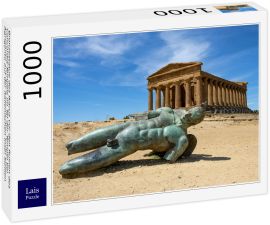 Lais Puzzle - Bronzestatue des Ikarus vor den Ruinen des Concordia-Tempels im Tal der Tempel bei Agrigento auf der italienischen Insel Sizilien - 1.000 Teile