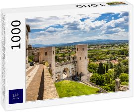 Lais Puzzle - Die Porta di Venere aus der Römerzeit, aus weißem Travertin, mit ihren drei Bögen und den beiden Türmen des Properzio. In Spello, Provinz Perugia, Umbrien, Italien - 1.000 Teile