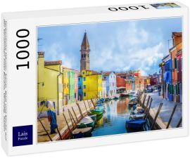 Lais Puzzle - Farbenfrohe Häuser, Kanal, Boot und Kirche auf der berühmten Insel Burano, Venedig, Italien - 1.000 Teile