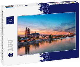 Lais Puzzle - Magdeburg, Deutschland. Panorama-Stadtlandschaftsbild von Magdeburg, Deutschland, mit Spiegelung der Stadt in der Elbe bei Sonnenuntergang - 100 Teile