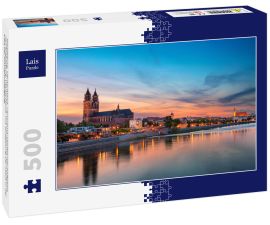 Lais Puzzle - Magdeburg, Deutschland. Panorama-Stadtlandschaftsbild von Magdeburg, Deutschland, mit Spiegelung der Stadt in der Elbe bei Sonnenuntergang - 500 Teile
