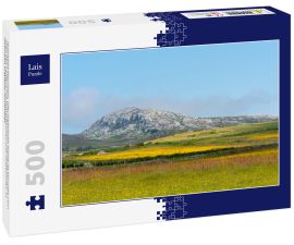 Lais Puzzle - Holyhead Mountain, (der walisische Name ist Mynydd Twr) über den Feldern mit Butterblumen und Wildblumen. In Holyhead Anglesey Nordwales - 500 Teile