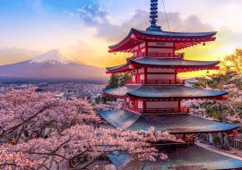 Lais Puzzle - Fujiyoshida, Japan Schöne Aussicht auf den Mount Fuji und die Chureito-Pagode bei Sonnenuntergang, Japan im Frühling mit Kirschblüten - 500 & 1.000 Teile
