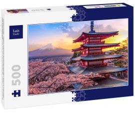 Lais Puzzle - Fujiyoshida, Japan Schöne Aussicht auf den Mount Fuji und die Chureito-Pagode bei Sonnenuntergang, Japan im Frühling mit Kirschblüten - 500 Teile