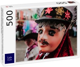 Lais Puzzle - Huehues Mexiko, mexikanische Karnevalsszene, Tänzerin trägt ein traditionelles mexikanisches Volkskostüm und eine farbenprächtige Maske - 500 Teile