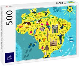 Lais Puzzle - Brasilien illustrierte Landkarte, Südamerika, mit Wahrzeichen, Museum, Kirche, traditionellem Essen, brasilianischem Karneval, Tieren und Blumen - 500 Teile