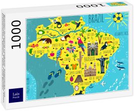 Lais Puzzle - Brasilien illustrierte Landkarte, Südamerika, mit Wahrzeichen, Museum, Kirche, traditionellem Essen, brasilianischem Karneval, Tieren und Blumen - 1.000 Teile