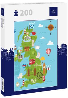 Lais Puzzle - Vereinigtes Königreich Großbritannien und Nordirland Karte Reise Stadt Tourismus Transport auf blauen Ozean Europa Kartographie und nationale Wahrzeichen - 200 Teile