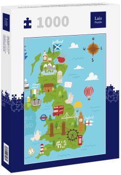 Lais Puzzle - Vereinigtes Königreich Großbritannien und Nordirland Karte Reise Stadt Tourismus Transport auf blauen Ozean Europa Kartographie und nationale Wahrzeichen - 1.000 Teile