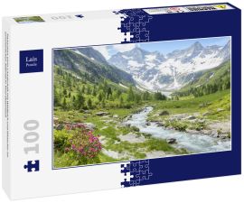 Lais Puzzle - Panorama einer Landschaft mit Wildbach und Gletscher im sommerlichen Zillertal in Tirol Österreich - 100 Teile