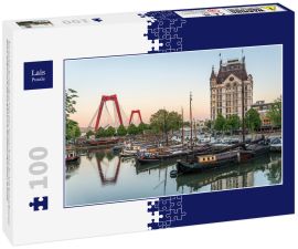Lais Puzzle - Rotterdam Stadt, Alter Hafen ältester Teil des Hafens, historisches Werftdock, Altes Schiff, Openlucht Binnenvaart Museum, Haringvliet und die Willemsbrug Brücke in der Abenddämmerung im Sommer, Niederlande - 100 Teile