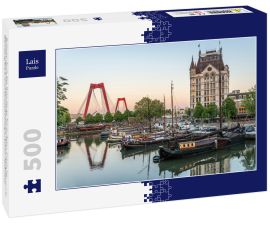 Lais Puzzle - Rotterdam Stadt, Alter Hafen ältester Teil des Hafens, historisches Werftdock, Altes Schiff, Openlucht Binnenvaart Museum, Haringvliet und die Willemsbrug Brücke in der Abenddämmerung im Sommer, Niederlande - 500 Teile