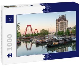Lais Puzzle - Rotterdam Stadt, Alter Hafen ältester Teil des Hafens, historisches Werftdock, Altes Schiff, Openlucht Binnenvaart Museum, Haringvliet und die Willemsbrug Brücke in der Abenddämmerung im Sommer, Niederlande - 1.000 Teile