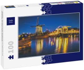 Lais Puzzle - Stadtbild - Abendansicht des Stadtkanals mit Zugbrücke und Windmühle, die Stadt Leiden, Niederlande - 100 Teile