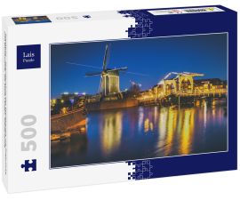 Lais Puzzle - Stadtbild - Abendansicht des Stadtkanals mit Zugbrücke und Windmühle, die Stadt Leiden, Niederlande - 500 Teile