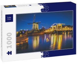 Lais Puzzle - Stadtbild - Abendansicht des Stadtkanals mit Zugbrücke und Windmühle, die Stadt Leiden, Niederlande - 1.000 Teile