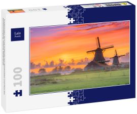 Lais Puzzle - Traditionelles Dorf mit holländischen Windmühlen und Fluss bei Sonnenuntergang, Holland, Niederlande - 100 Teile