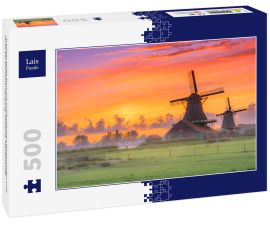 Lais Puzzle - Traditionelles Dorf mit holländischen Windmühlen und Fluss bei Sonnenuntergang, Holland, Niederlande - 500 Teile