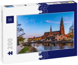Lais Puzzle - Sonnenuntergang Blick auf Uppsala Kathedrale reflektierend auf Fluss Fyris in Schweden - 200 Teile