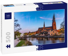 Lais Puzzle - Sonnenuntergang Blick auf Uppsala Kathedrale reflektierend auf Fluss Fyris in Schweden - 500 Teile