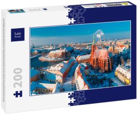 Lais Puzzle - Luftbildpanorama der Altstadt und des Ostrow Tumski mit der Kirche des Heiligen Kreuzes und des Heiligen Bartholomäus von der Johanneskathedrale aus am Wintermorgen in Breslau, Polen - 200 Teile