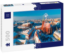 Lais Puzzle - Luftbildpanorama der Altstadt und des Ostrow Tumski mit der Kirche des Heiligen Kreuzes und des Heiligen Bartholomäus von der Johanneskathedrale aus am Wintermorgen in Breslau, Polen - 500 Teile
