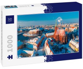 Lais Puzzle - Luftbildpanorama der Altstadt und des Ostrow Tumski mit der Kirche des Heiligen Kreuzes und des Heiligen Bartholomäus von der Johanneskathedrale aus am Wintermorgen in Breslau, Polen - 1.000 Teile