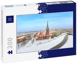 Lais Puzzle - Legnica, Polen. Panoramablick auf die winterliche Stadtlandschaft mit dem Sankt-Jakob-Heiligtum und dem Fluss Kaczawa - 200 Teile