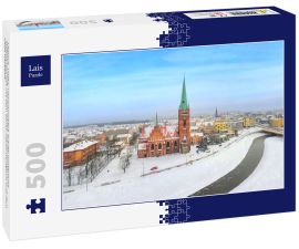 Lais Puzzle - Legnica, Polen. Panoramablick auf die winterliche Stadtlandschaft mit dem Sankt-Jakob-Heiligtum und dem Fluss Kaczawa - 500 Teile