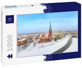 Lais Puzzle - Legnica, Polen. Panoramablick auf die winterliche Stadtlandschaft mit dem Sankt-Jakob-Heiligtum und dem Fluss Kaczawa - 1.000 Teile