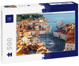 Lais Puzzle - Schöne Luftaufnahme der Stadt Piran mit dem Hauptplatz Tartini, alten Gebäuden mit roten Dächern und der Adria im Südwesten Sloweniens - 500 Teile
