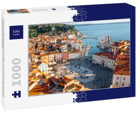 Lais Puzzle - Schöne Luftaufnahme der Stadt Piran mit dem Hauptplatz Tartini, alten Gebäuden mit roten Dächern und der Adria im Südwesten Sloweniens - 1.000 Teile