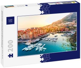 Lais Puzzle - Panoramablick auf Port de Fontvieille in Monaco. Azur-Küste. Bunte Bucht mit vielen Luxusyachten im Sonnenuntergang - 200 Teile