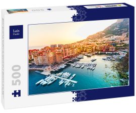 Lais Puzzle - Panoramablick auf Port de Fontvieille in Monaco. Azur-Küste. Bunte Bucht mit vielen Luxusyachten im Sonnenuntergang - 500 Teile