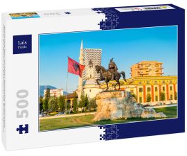 Lais Puzzle - Skanderbeg-Platz mit Fahne, Skanderbeg-Denkmal und Et'hem-Bey-Moschee im Stadtzentrum von Tirana, Albanien - 500 Teile