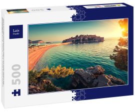 Lais Puzzle - Blick auf das adriatische Meer und Sveti Stefan bei Sonnenuntergang. Milocer Park. Küste Budva Riviera. Montenegro - 500 Teile
