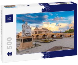 Lais Puzzle - Skopje, Nord-Mazedonien: Statue des byzantinischen Kaisers Justinian und Steinbrücke hinter dem Archäologiemuseum bei Sonnenuntergang in Skopje - 500 Teile