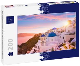 Lais Puzzle - Blick bei Sonnenuntergang auf die blauen Kuppelkirchen von Santorin, Griechenland - 200 Teile
