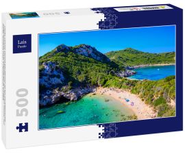 Lais Puzzle - Porto Timoni Strand bei Afionas ist ein paradiesischer Doppelstrand mit kristallklarem azurblauem Wasser auf Korfu, Ionische Insel, Griechenland, Europa - 500 Teile